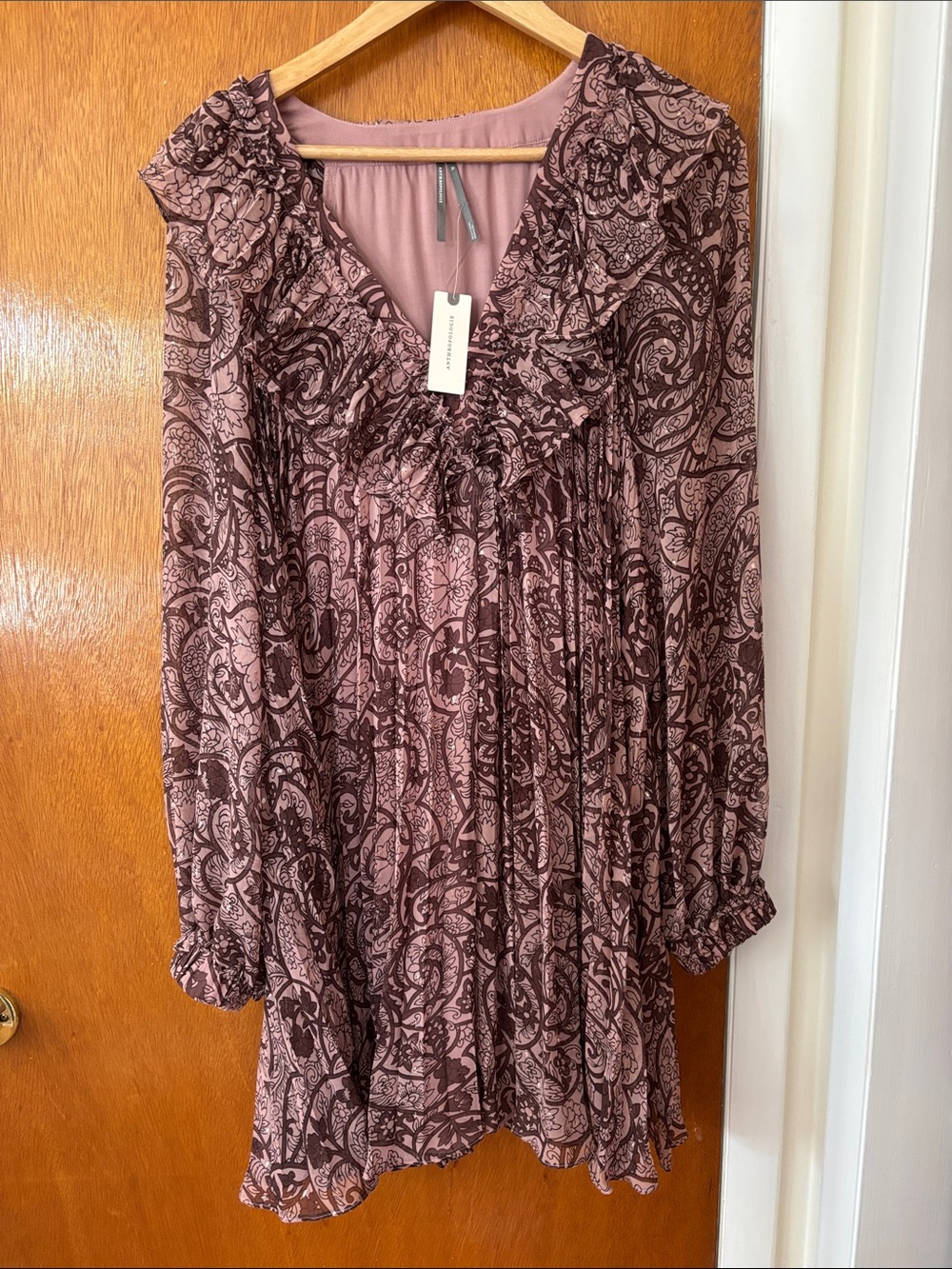 Anthropologie Mauve Paisley Ruffle-Trim Long Sleeve Dress